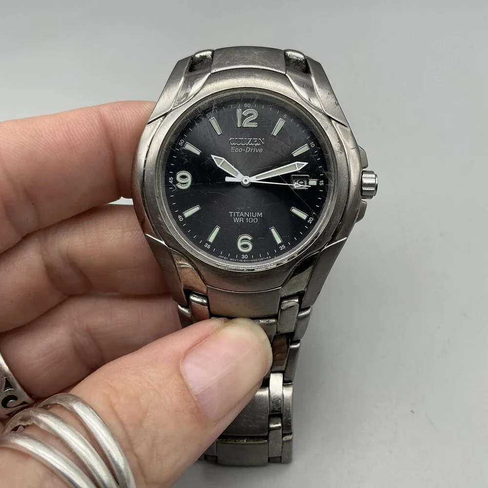 Citizen Eco-Drive Titanium Mens Watch 40mm Black Dial WR 100 E111-K006368 7.25